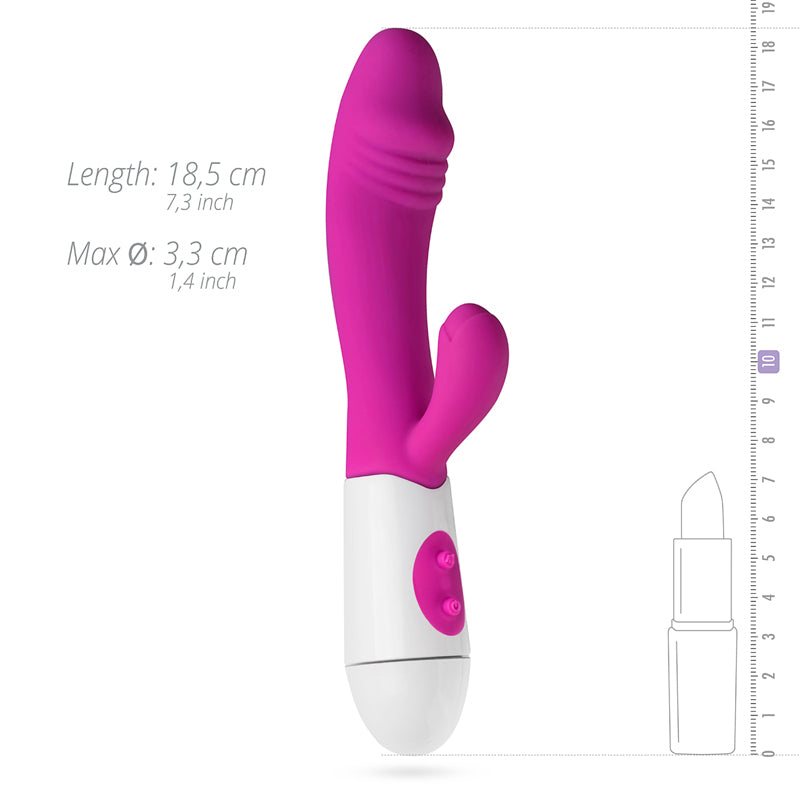 Pink and white device with measurements on a white background Realistic Rabbit Vibrator - Pink