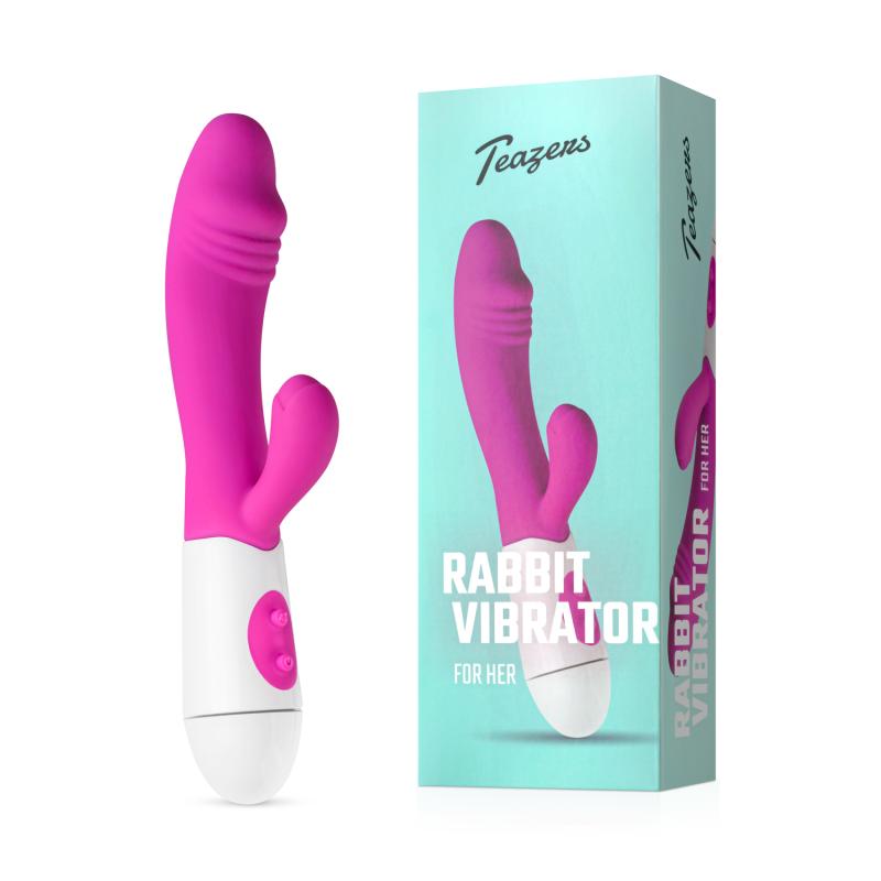 Pink and white rabbit vibrator with packaging on a white background Realistic Rabbit Vibrator - Pink