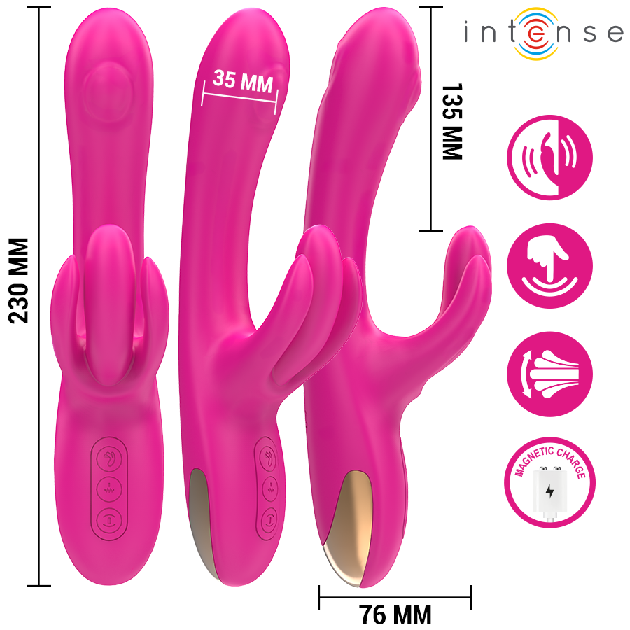 Pink electronic device with measurements and features on a white background