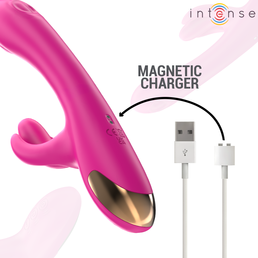 Pink and gold device with a USB cable labeled &