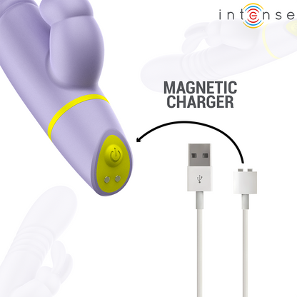 Magnetic charger cable connected to a purple and yellow device with &