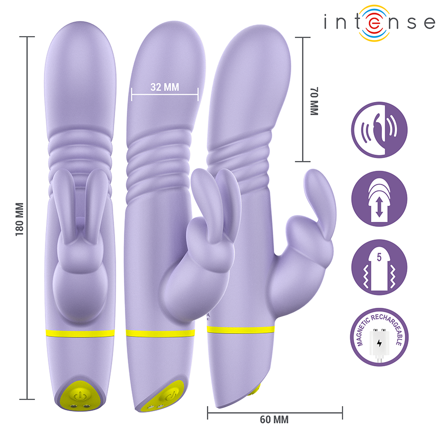 Purple toy with measurements and features on a white background
