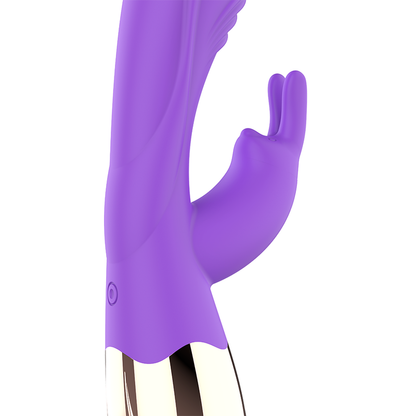 Purple silicone glove with a hook on a white background